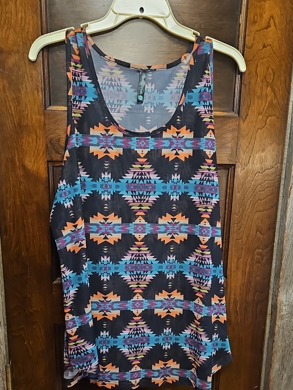 Women’s Aztec Print Mesh Tank Top - Black with Teal & Orange
